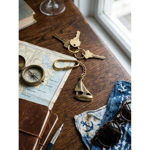 Vintage Solid Brass Sailboat <b>Keychain</b> the Voyager's Keepsake with <b>Leather</b> Wood Crystal Metal Accessories - Product Image 1