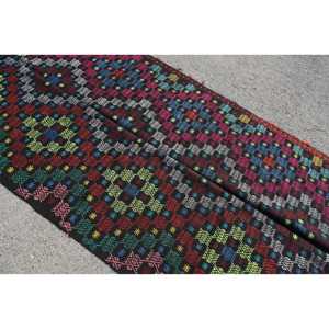 Alfombra Vintage, Alfombra Turca Grande de 4.5x11 pies, Alfombra de Lana a Cuadros Azul y Roja - Product Image 5