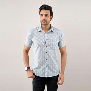 เสื้อเชิ้ตลำลองผู้ชายลายดอกไม้สีฟ้าอมเทาเสื้อ100% ผ้าฝ้ายทรงพอดีตัวปกติเสื้อตัวเดียวกันยับไม่ยับสำหรับผ้าทอในสำนักงาน - Product Image 5