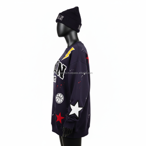Sudadera Extra Grande para Mujer, Tejido de Felpa, Azul Marino con Diseños de Estrellas y Patchwork, Bordado con Logotipo Personalizado, Sudaderas Transpirables para Mujer - Product Image 3