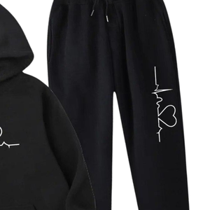 Ensemble de survêtement à capuche imprimé avec motif de battement de cœur pour femmes, jogging en polaire, ensemble noir décontracté, streetwear, hiver, chaud, respirant, coupe-vent - Product Image 5