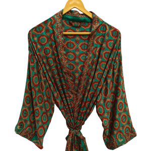 Style japonais Lounge Wear Bikini Cover Up Swim Wear Long Dress Indian Recyclé Sari Silk Kimono Night Wear Gown, - Product Image 1