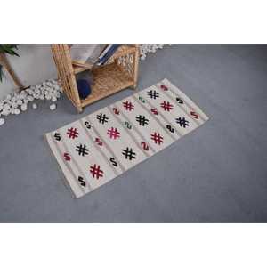 Alfombra Turca Vintage de 1.7x3.5 pies, Alfombra Pequeña, Alfombra Blanca con Diseño Floral Kilim - Product Image 1