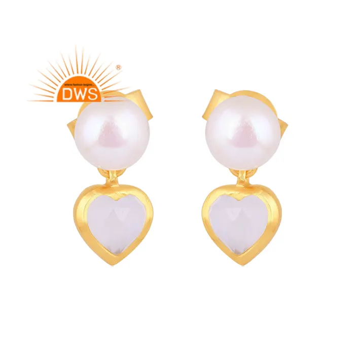 Latest Design Sterling Silver 18K Gold Plated Pearl & Rainbow Moon Stone Gemstone Earring Demi Fine Jewelry Manufacturer