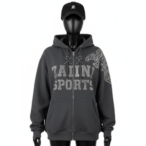 <b>Women</b> Full <b>Zip</b> <b>Hoodie</b> Premium Cotton Polyester Fleece 320 GSM Charcoal <b>Grey</b> Rhinestone Custom Logo basics hoodies - Product Image 1