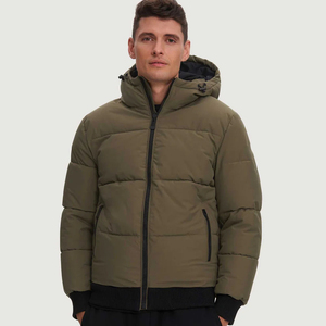 Custom Mocha Regular Length Puffer <b>Jacket</b> Fixed Hood Rib Cuff Rib Hem Zip Pockets <b>Fur</b> Trim Stylish Warm Winter Outdoor <b>Men's</b> - Product Image 1