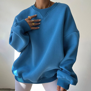 Women's Oversized Blue Pullover Sweatshirt Casual Loose Fit Long Sleeve Crewneck Top Cozy Jumper with Front Logo <b>for</b> Streetwear - Product Image 1