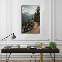 Cadre mural en bois, moto vintage, route en montagne, peinture sur toile, paysage de voyage rétro, décoration intérieure personnalisée