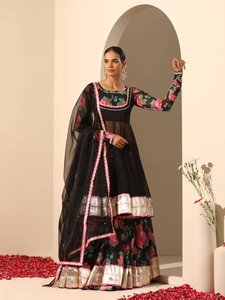Black Floral Print Lehenga Set with Sheer <b>Jacket</b> Silver Border and Pink Accents Festive <b>Wedding</b> Party Wear <b>for</b> Women Designer - Product Image 2