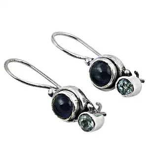 Boucles d'oreilles pendantes en argent 925 avec topaze bleue en forme de goutte d'eau, ornées d'améthyste, de grenat, de perle et de diamant pour femmes, pour mariage et soirée - Product Image 2