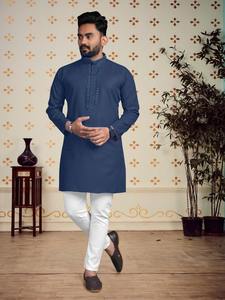 Robe de mariée traditionnelle indienne chemise bleue vêtements pour hommes haut tunique robe garçons kurta robe garçons vêtements bleu soie kurta chemise - Product Image 3
