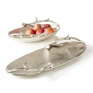 Plateau de service en aluminium avec poignée en bois de cerf pour centres de table et décoration de chambre à coucher Plateau en métal au prix le plus bas en gros - Product Image 1