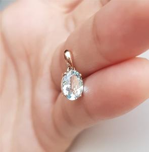 Colgante de Lujo Certificado, Estilo Francés, Plata de Ley Natural con Baño de Rodio, Aguamarina Ovalada con Engaste de Puntas, Hecho a Mano Vintage - Product Image 3