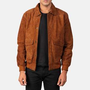 Coffmen A2 Bomber <b>Jacket</b> in Brown <b>Suede</b> Zippered Vintage Streetwear with Embroidered Pattern Casual for Autumn and Spring - Product Image 1