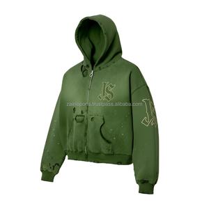 Sweat à capuche avec fermeture éclair pour femmes Tissu polaire lourd en coton vert olive Qualité supérieure Logo personnalisé Broderie Design basics hoodies - Product Image 4
