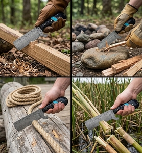 Cuchillo de carnicero y desollador de acero de Damasco hecho a mano con mango de madera, cuerno negro y turquesa, y funda de cuero repujado. Cuchillo de rancho. - Product Image 6