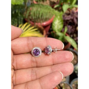925 Silver Round <b>Amethyst</b> <b>Stud</b> <b>Earrings</b> with Bezel Setting Romantic Trendy Geometric Design for Wedding Engagement or Party - Product Image 4