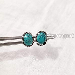 Boucles d'oreilles clous pour femmes, pierre précieuse turquoise tibétaine naturelle, bijoux bohèmes faits à la main, argent sterling 925 - Product Image 6
