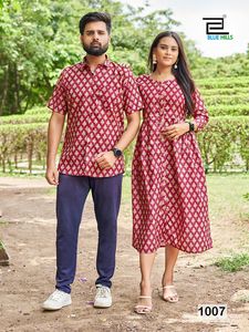 Chemise en soie et rayonne imprimée exclusive Blue Hills et combinaison de couple Kurti Tenue de fête tendance élégante pour les couples - Product Image 2