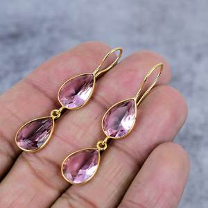 Rose Kunzite poire forme pierre précieuse 925 argent Sterling plaqué or fil boucle d'oreille pour les femmes demoiselle d'honneur élégant boucle d'oreille cadeau pour elle - Product Image 3