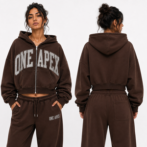 Sudadera con capucha extragrande para mujer, con cremallera completa, de algodón grueso marrón, con gráfico de diamantes de imitación, estilo urbano, OEM ODM, marca privada - Product Image 5