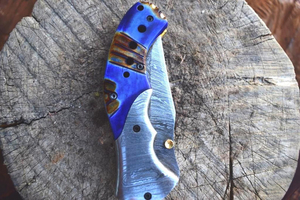 Cuchillo de bolsillo plegable de acero de Damasco de la mejor calidad, mango de cuerno de madera, regalo DIY personalizado único para papá, Día del Padre, OEM - Product Image 3