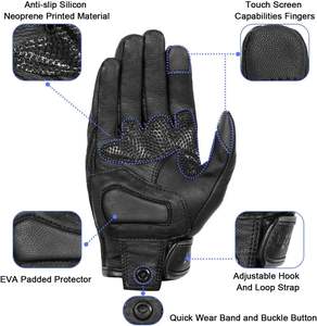 Gants de moto en cuir demi-doigt mis à jour en peau de chèvre noir avec téléphone tactile non perforé pour la conduite en moto - Product Image 2
