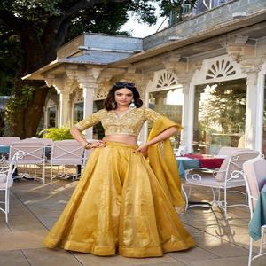 Belle tenue occasionnelle de qualité supérieure Goldie Lehenga Choli & Dupatta avec une broderie de fil uni et à paillettes à vendre - Product Image 1