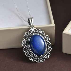 Collar con colgante de lapislázuli victoriano, joyería Bohemia de plata de ley para mujer, regalo de cristal curativo Vintage para Chakra de la garganta - Product Image 3