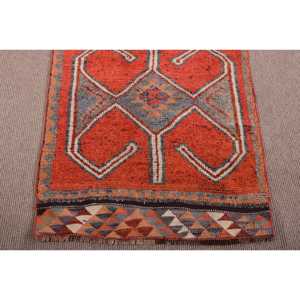 Turkish Rug, 3.2x12.4 ft Vintage Rug, <b>Red</b> Blue Bordered <b>Wool</b> Rug - Product Image 5