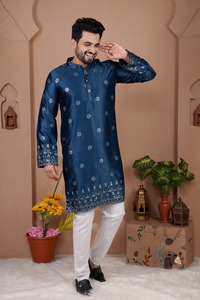 Treany Malai Silk Mens Ropa festiva Kurta con Secuencia de bordado Trabajo para adultos - Product Image 6