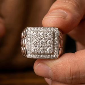 Solid 18k White Gold Heavy Chunky Square Top Halo Pave Pebbled Link Natural Diamond Mens Ring Custom Bespoke Jewelry Wholesale - Product Image 1
