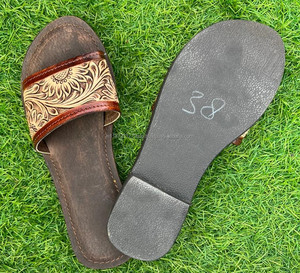 Handmade Tooled Leather Sandals Open Toe Bedroom Slides Western Natural Genuine Leather Women's Minimalist Flip <b>Indoor</b> Slippers - Product Image 5