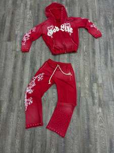 Sudaderas con capucha de hombre personalizadas con pedrería, chándales con lavado ácido para hombre, pantalones de chándal apilados, chándales unisex acampanados con bordado desgastado - Product Image 2