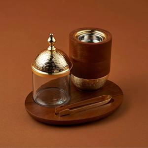 Factory Sell Incense Bakhoor Burner <b>Tray</b> Set Premium Wooden <b>Tray</b> Glass Jar & Metal Lid Amazing Custom Design - Product Image 1