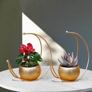 Metal Flower <b>Vase</b> with Gold Finish Metal Geometrical Half Moon Design Flower Pot Stand | <b>Table</b> Top Decorative Flower Pot | - Product Image 6