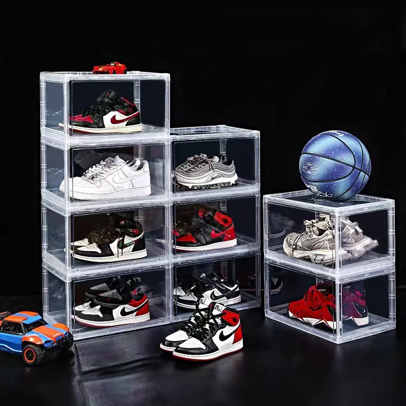 Caja de zapatos totalmente transparente acrílico AJ zapatos de baloncesto muñeca bloque bolsa mango caja de almacenamiento plástico anti oxidación todo duro