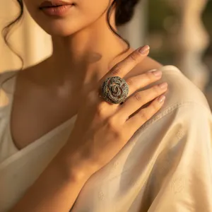 Bague cocktail fleur en argent 925 et marcassite pour femme, style vintage, sertie pavé, bijoux du Rajasthan - Product Image 2