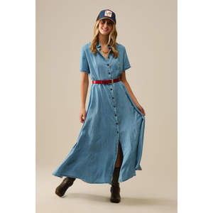 Vestido Maxi Azul Claro de Tela Tencel con Detalle de Botones, Cintura Drapeada y Diseño con Abertura, para Oficina y Fiestas, Talla XS, ODM - Product Image 3