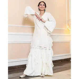 Chandani Women's <b>White</b> Cotton Chikankari <b>Sharara</b> Set by Thread & Button - Product Image 6
