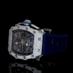 Montre chronographe squelette en moissanite glacée de luxe avec bracelet en caoutchouc bleu, montre personnalisée hip-hop - Product Image 2