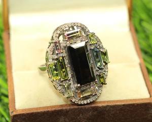 Bague cocktail en argent sterling 925 avec tourmaline naturelle multicolore et diamant taille unique, plaquée rhodium, sertie à griffes, pour soirée de luxe - Product Image 1