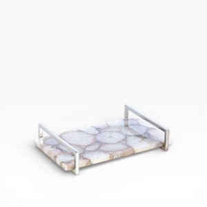 Plateau de service rectangulaire en agate naturelle brune avec motif de tranches de cristal et poignées en métal doré contemporaines - Product Image 3
