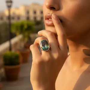 แหวนฮิปฮอปสำหรับผู้หญิง ทำด้วยมือ ชุบโรเดียม ประดับด้วยเทอร์ควอยซ์และมิสติกโทแพซ - Product Image 3