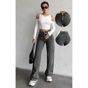 Jean en denim gris tendance, coupe ample et élégante, taille haute, 5 poches, style streetwear, écologique et durable, vente en gros B2B - Product Image 6