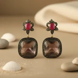 Boucles d'oreilles pendantes en quartz rubis plaqué or pour femmes, style religieux tendance, bijoux en or rose pour les fêtes et les cadeaux - Product Image 2