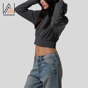 Sweat-shirt à capuche court personnalisé pour femmes Marque privée OEM ODM Imprimé Pull Streetwear Haut court en coton Gris Sweat-shirt à capuche surdimensionné - Product Image 3