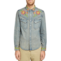 Chemises en jean florales brodées personnalisées pour hommes, avec logo et design sur mesure, deux poches, vente en gros, très demandées