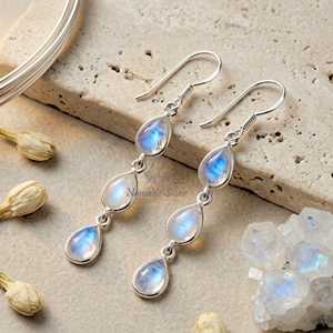 Boucles d'oreilles pendantes en pierre de lune arc-en-ciel, bijoux en argent sterling 925 en forme de goutte, accessoire nuptial pierre de naissance de juin - Product Image 3