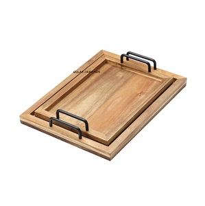 Plateau de service rectangulaire moderne en bois de manguier avec poignées métalliques simples Plateau en bois rustique pour servir des collations et des boissons Cuisine - Product Image 1
